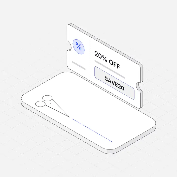 Coupon code ticket, hairline isometric illustration
