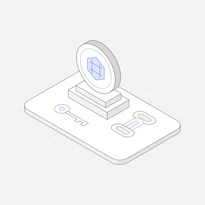 Crypto coin on pedestal, hairline isometric illustration