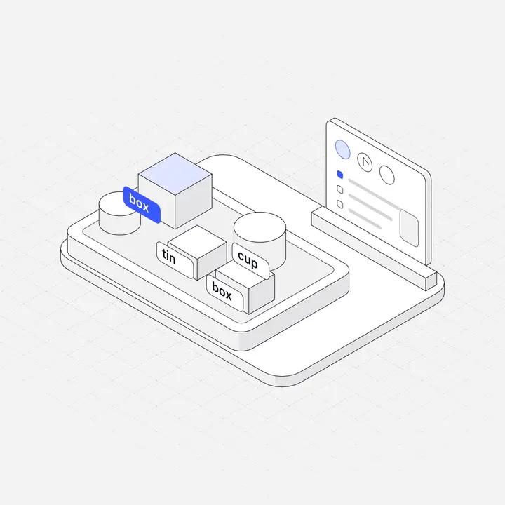 Data labeling tray, hairline isometric illustration