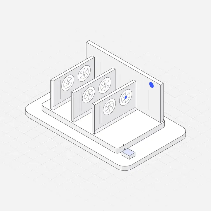 GPU cluster rack, hairline isometric illustration