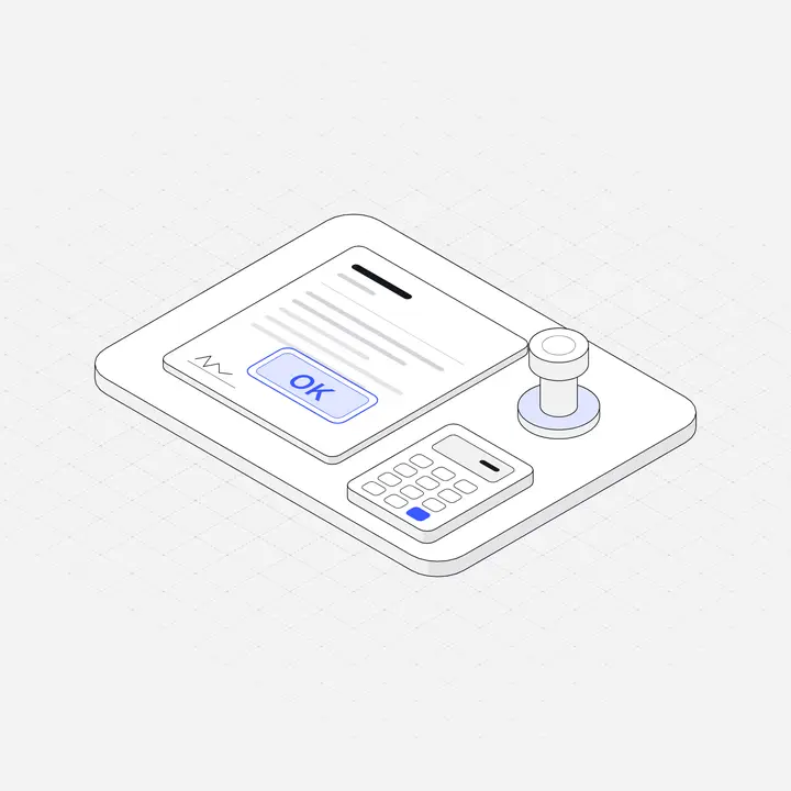Loan approval stamp, hairline isometric illustration