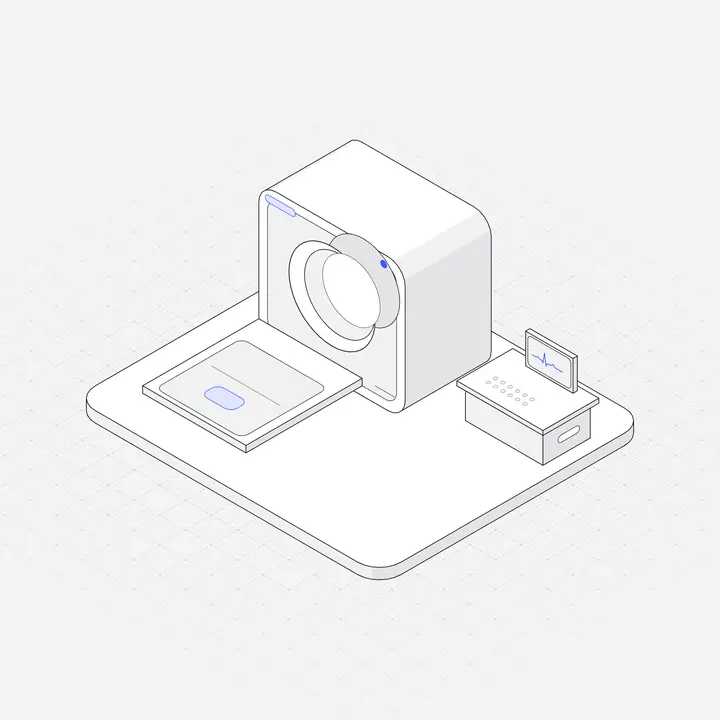 MRI scanner with table, hairline isometric illustration