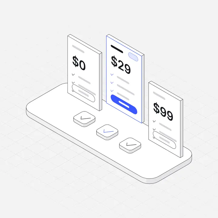 Pricing tier cards, hairline isometric illustration
