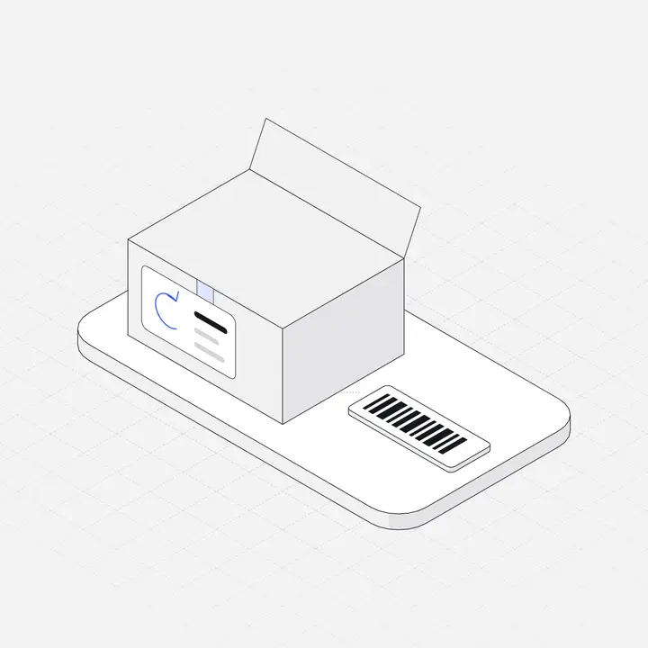 Returns label box, hairline isometric illustration